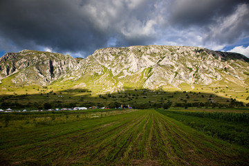 trascau mountains with piatra secuiului over the village of Rimetea - famous destination in Transylvania, Romania