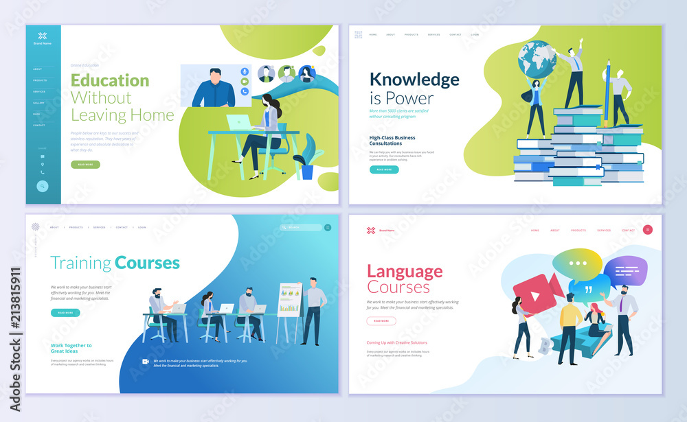 Web Training Module Layout Inspiration Set of web page design templates for distance education, consulting ...