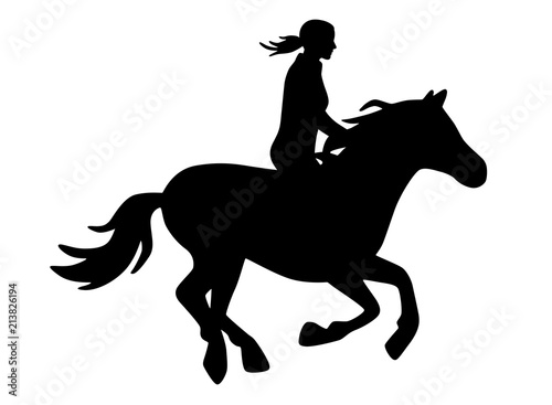 Reiterin auf galoppierendem Pferd / schwarz-weiß, Vektor, freigestellt