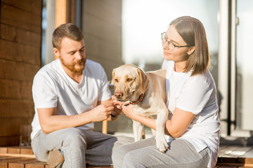 Wall Mural - Portrait of the young couple sitting with their happy dog on the backyard of the wooden country house