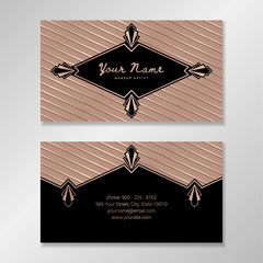 Wall Mural - Vector business card template with rose gold diagonal striped background, art deco elements, geometric frames.