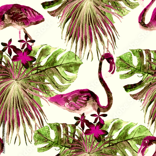 Naklejka na kafelki Flamingo pattern. Summer watercolor background.