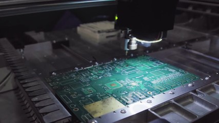 Poster - Printed circuit boards production factory. Technological process. Microchip production factory. Production of electric boards at factory