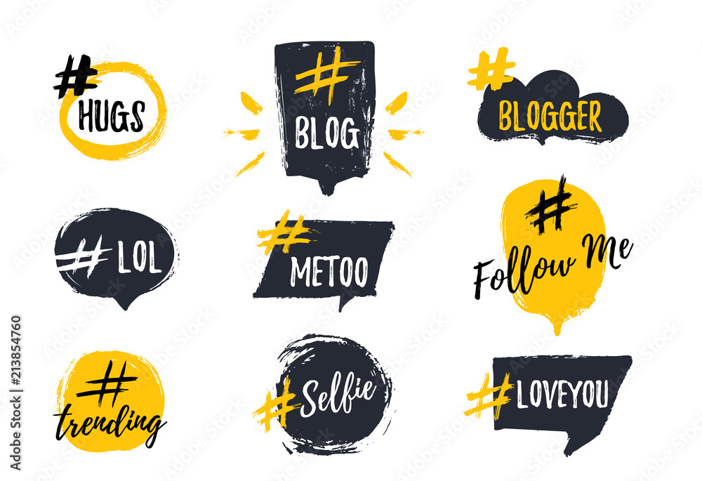 Set of bubbl banners with hashtags. trendy young slang words. Vector illustration - obrazy, fototapety, plakaty 