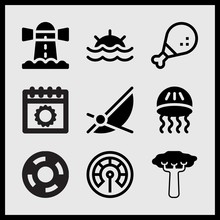 Simple 9 Set Of Summer Related Jellyfish, Floating Tire, Chicken Leg And Summer Calendar Vector Icons