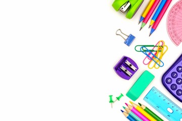 Wall Mural - School supplies side border isolated on a white background
