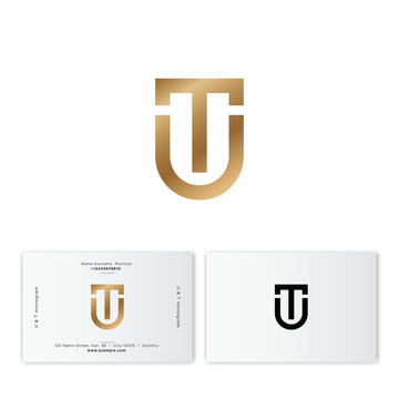 T and U monogram. T letter U letter as a gold shield. Digital logo. Flat style emblem. Identity, business card. Inverted version.