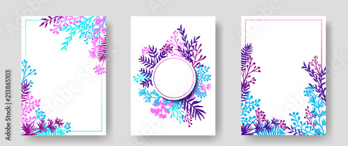 Vector invitation cards with herbal twigs and branches wreath and corners bor...