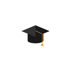 Graduation cap or mortar board icon with yellow tassel. Flat illustration isolated on white.