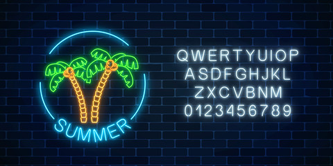 Wall Mural - Glowing neon summer sign with two palms, text in round frame and alphabet. Shiny summertime symbol with letters.