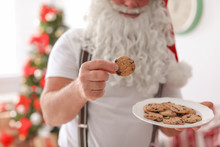 Authentic Santa Claus With Plate Of Cookies Indoors