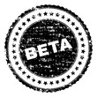 BETA stamp seal watermark with distress style. Black vector rubber print of BETA label with dirty texture. Rubber seal imitation has circle shape and contains stars.