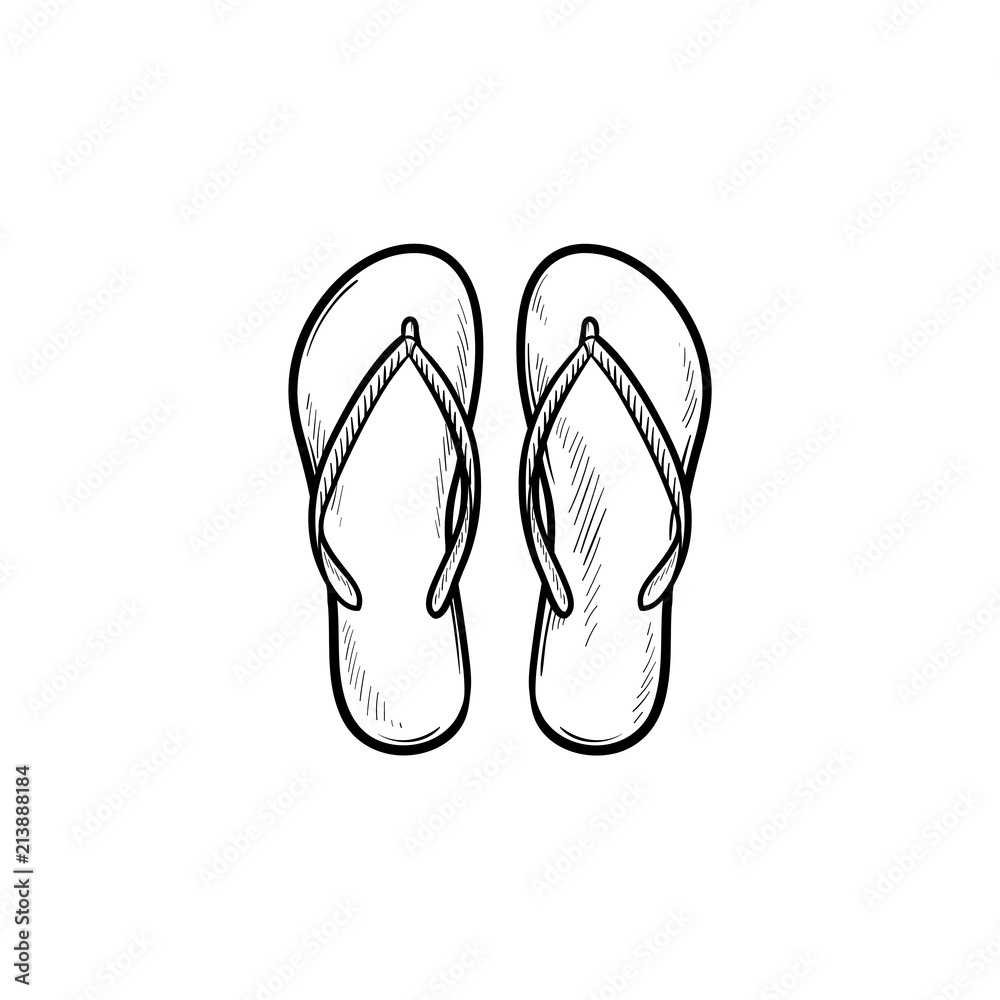 Pair of flip flop slippers hand drawn outline doodle icon. Summer vacation, sandals, holidays, shoe concept. Vector sketch illustration for print, web, mobile and infographics on white background. - obrazy, fototapety, plakaty 