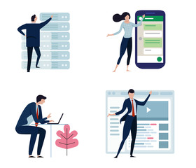 Poster - Set of business people or office workers, man and woman, in various characters and activities, simple design. big smart phone, server, internet and laptop.