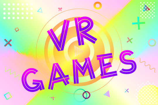 vr game text, colorful lettering in modern gradient on bright geometric pattern background, stock vector illustration
