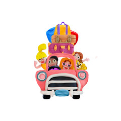 Family trip by retro car 3D illustration isolated on white background
