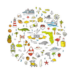  Hand drawn doodle Florida icons set. Vector illustration, isolated symbols collection of USA state, Cartoon elements Alligator Manatee Yacht Cruise sheep Fishing boat Golf American football Palm trees