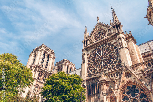 Obraz Dibond Szczegóły dotyczące fasady Notre Dame de Paris w Paryżu, Francja.