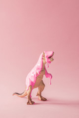 Wall Mural - Pink paint dripping on dinosaur toy. Creative minimal concept.