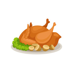 Poster - Tasty roasted turkey with greens and acorns. Traditional food for Thanksgiving dinner. Delicious holiday meal. Flat vector icon