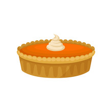 Flat Vector Icon Of Pumpkin Pie With Whipped Cream On Top. Traditional Dessert Of American Cuisine. Holiday Meal. Food For Thanksgiving Dinner
