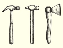 Tools Hammers And Ax Set Drawing A Handmade Monochrome Vector. Isolated On White Background