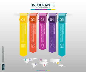 Poster - 5 steps infographic. timeline design template with arrow element and world map pin background. Business concept with options. For content, diagram, flowchart, steps, parts, workflow layout, chart
