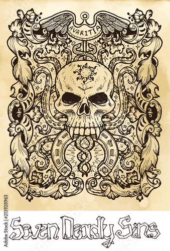 Greed Latin Word Avaritia Means Avarice Seven Deadly Sins Concept Latin Word Avaritia Means Avarice Seven Deadly Sins Concept On Texture Vector Background Collection With Frame Hand Drawn Engraved Ilration