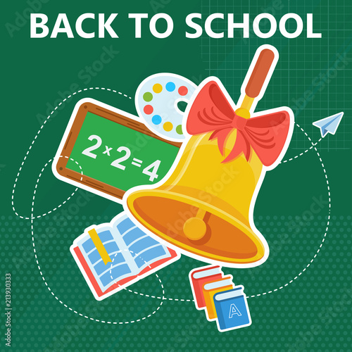 Back To School Banner Template School Bell And Goods On