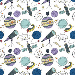 Wall Mural - seamless vector pattern with cosmos doodle illustrations. galaxy handdrawn elements.