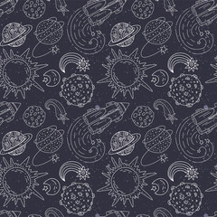 Wall Mural - seamless vector pattern with cosmos doodle illustrations. galaxy handdrawn elements.