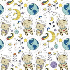 Wall Mural - seamless vector pattern with cosmos doodle illustrations. galaxy handdrawn elements.