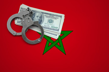 Wall Mural - Morocco flag  with handcuffs and a bundle of dollars. The concept of breaking the law and thieves crimes