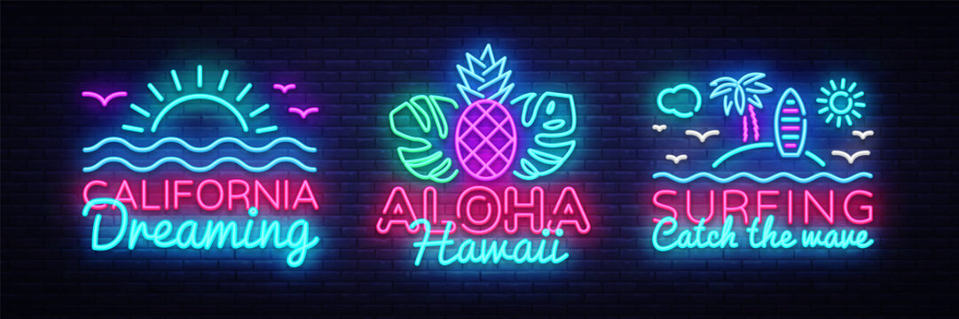 Summer neon signs collection design template. Surfing, California, Aloha neon emblems, light banner. Summer concepts design. Smartphone in hand. Vector illustration