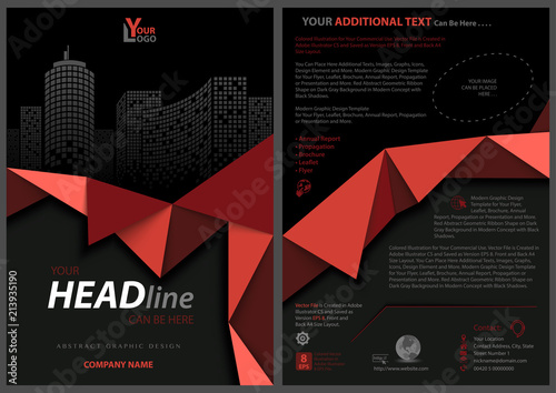 Black Flyer Template with Red Geometric Ribbon and Illustrative Dark Gray Squ...