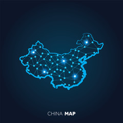 Poster - Map of China made with connected lines and glowing dots.