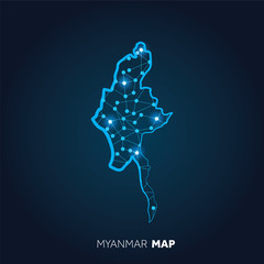 Poster - Map of Myanmar made with connected lines and glowing dots.