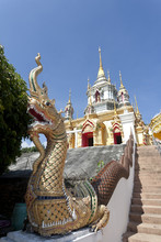 Thailand, Chiang Mai Province, Doi Inthanon, Dragon Sculpture On Stairs To Temple Of Wat NamTok Mae Klang