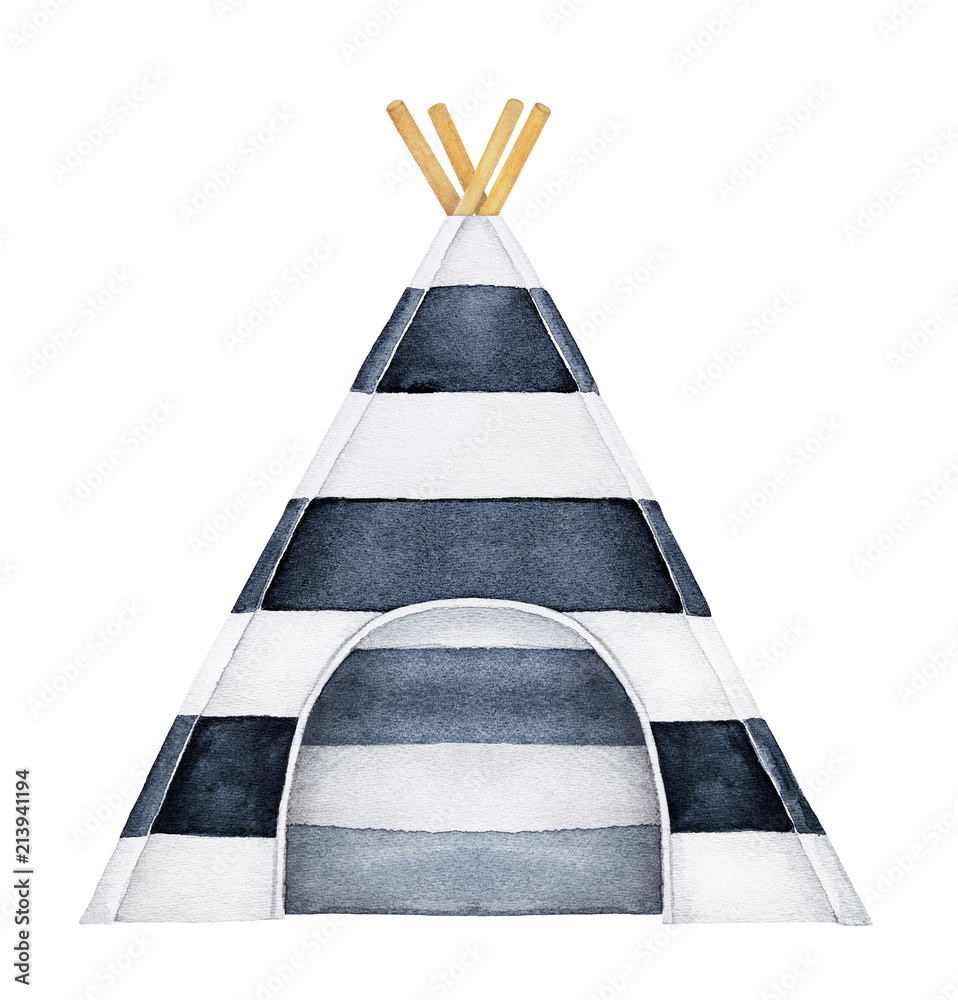 przytulne-tipi-ilustracja-namiot-jeden-pojedynczy-obiekt-czarno-biale-paski-piekny-wzor-wlokienniczy-widok-z-przodu-recznie-rysowane-akwarela-na-bialym-tle-element-clipart-na-bialym-tle