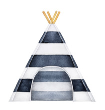 Cosy Teepee Tent Illustration. One Single Object, Black And White Stripes Pattern, Beautiful Textile Design, Front View. Hand Drawn Watercolour Painting On White Background, Isolated Clip Art Element.