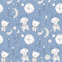 Wall Mural - seamless vector pattern with cosmos doodle illustrations. galaxy handdrawn elements.