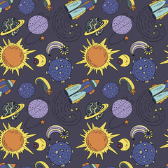 Wall Mural - seamless vector pattern with cosmos doodle illustrations. galaxy handdrawn elements.