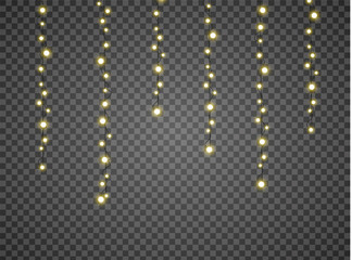 Christmas lights isolated realistic design elements. Glowing lights for Xmas Holiday cards, banners, posters, web design. Garlands decorations. Led neon lamp.