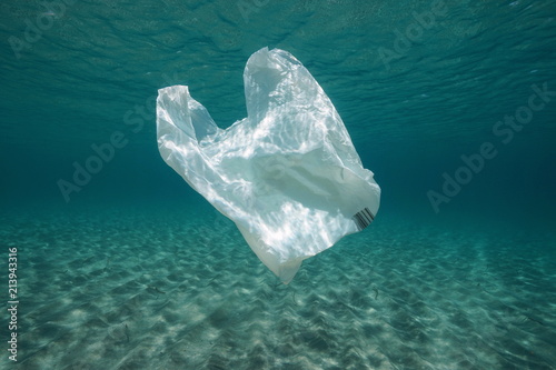 Cuadros en Lienzo Plastic waste underwater, a plastic bag in the Mediterranean sea between water s