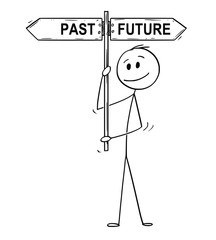 Poster - Cartoon stick drawing conceptual illustration of man or businessman holding arrow signpost or guide post or sign with past or future text.