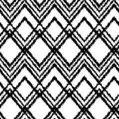 Wall Mural - Black and white ikat ornament geometric chevron fabric seamless pattern, vector