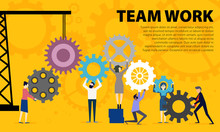 Business Teamwork Concept. Illustration Of Business People On Cog Wheel Showing Team Work. Business On Cog Wheel. Teamwork Graphic Design. Gears Wheels Over Yellow Background. 