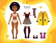 Vector Colorful Game Of A Paper Doll With Fashionable Autumn Clothes Collection. Pretty Young African American Girl With School Uniform, Rain Coat, Rubber Boots And Accsessories