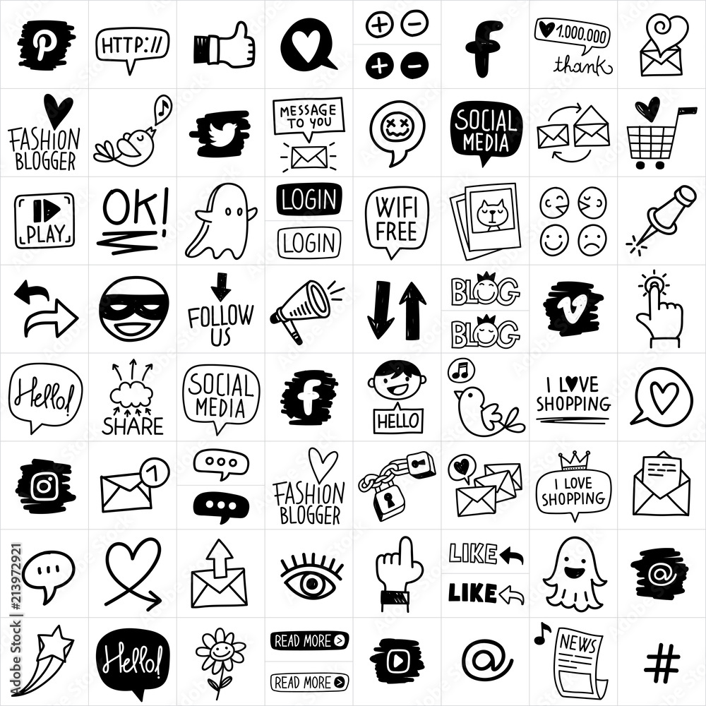 Hand Drawn Vector Social Media Icon Set - obrazy, fototapety, plakaty 