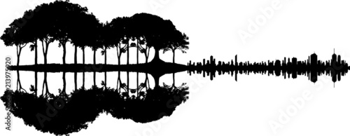 Gitarre - Wald Stadt Spiegelung Fototapete